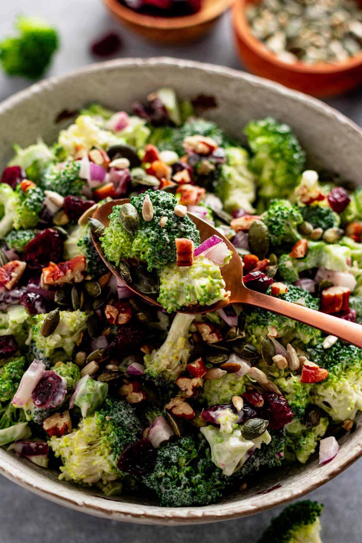 A vibrant broccoli salad with crispy bacon and cranberries, served in a large bowl.