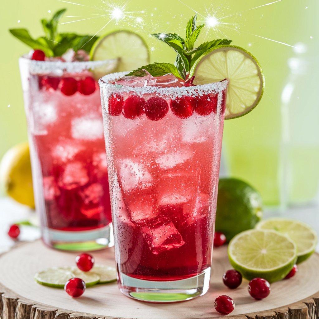 Close up shot of Cranberry Lime Sparkle Lemonade with ice, lime wedges and fresh cranberries
