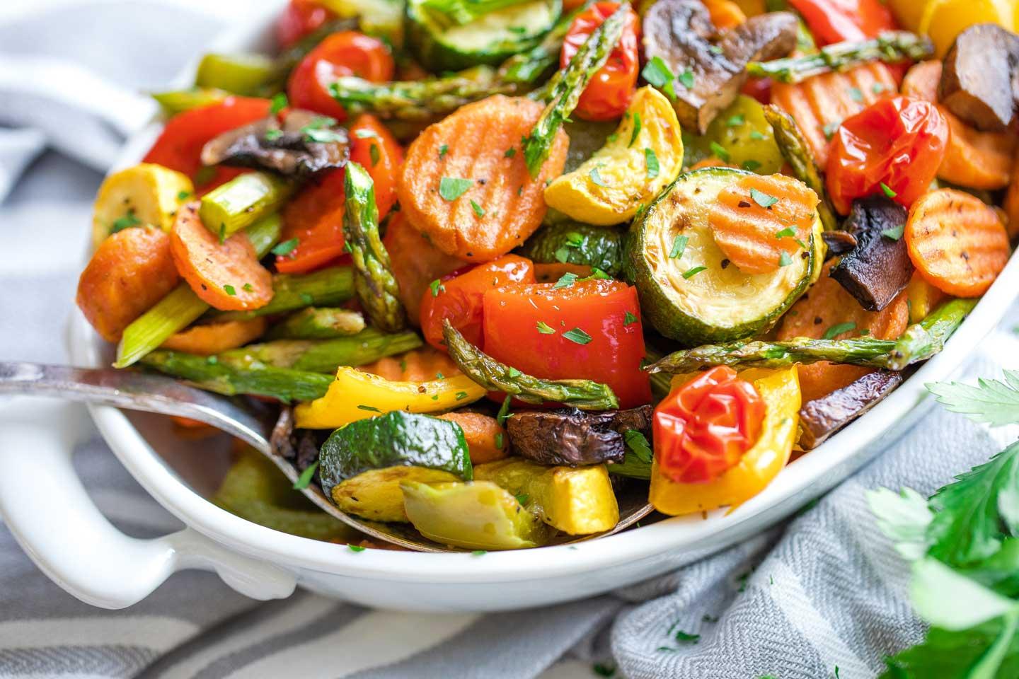 Close-up shot of roasted vegetables, showcasing their caramelization and texture