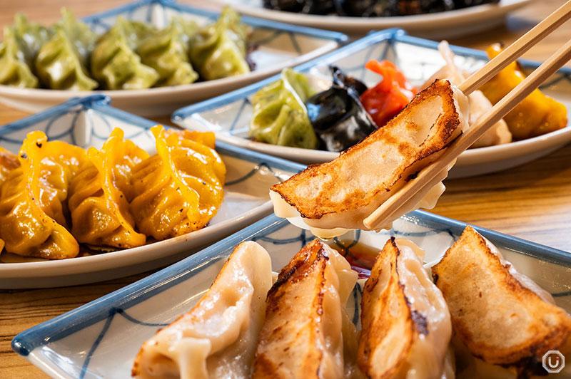 Close up of a single tempura-fried gyoza, showcasing its crispy texture