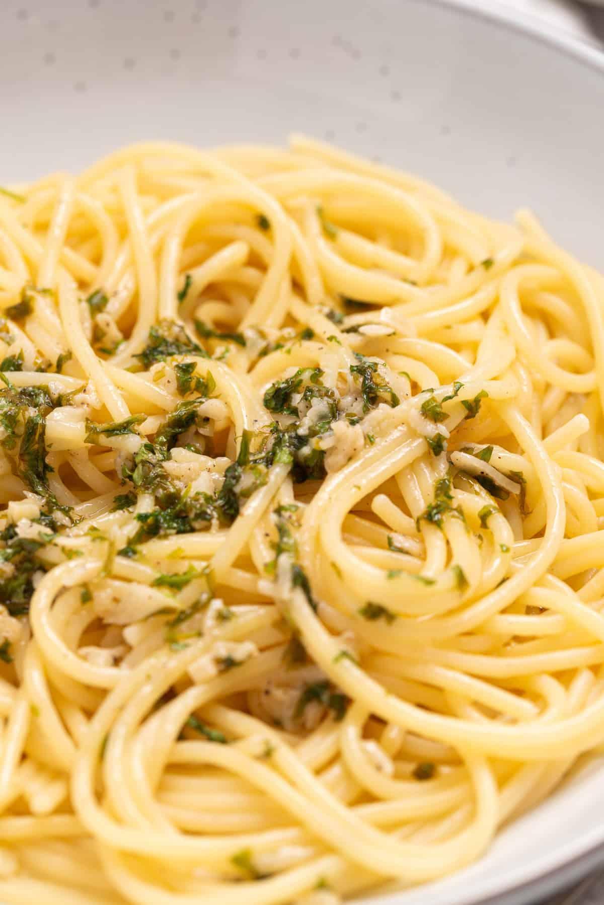 Close-up of the garlic butter sauce