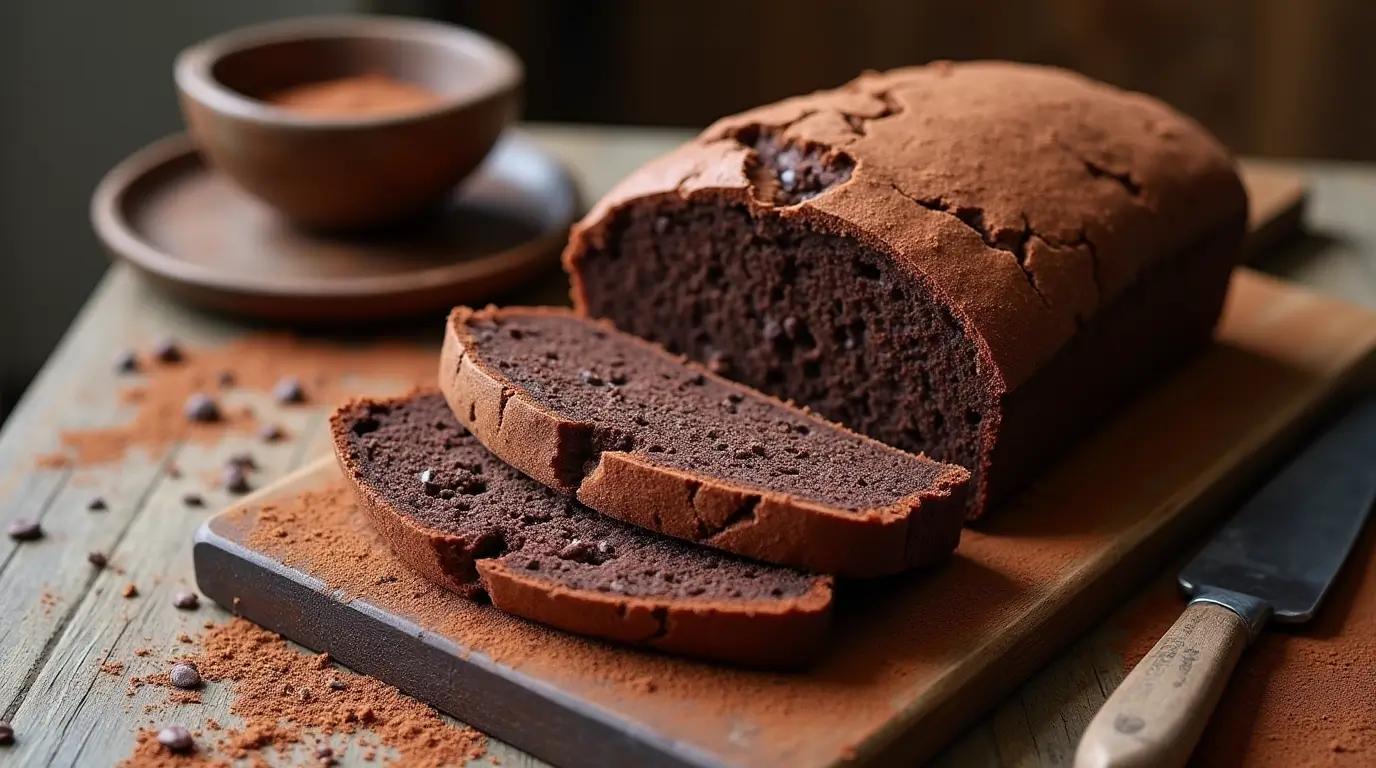 A rustic loaf of sourdough chocolate bread, sliced to reveal a moist crumb with chocolate chunks
