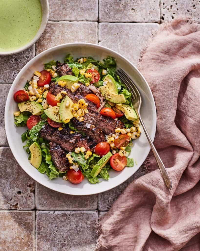 A full bowl of the steak salad, ready to be served