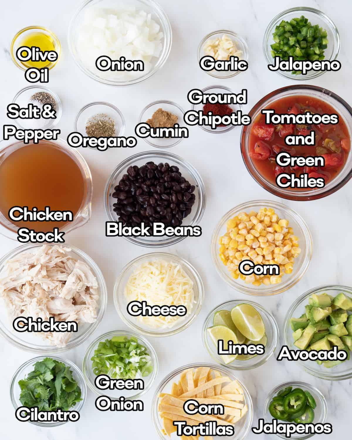 Close-up shot of the ingredients for chicken tortilla soup
