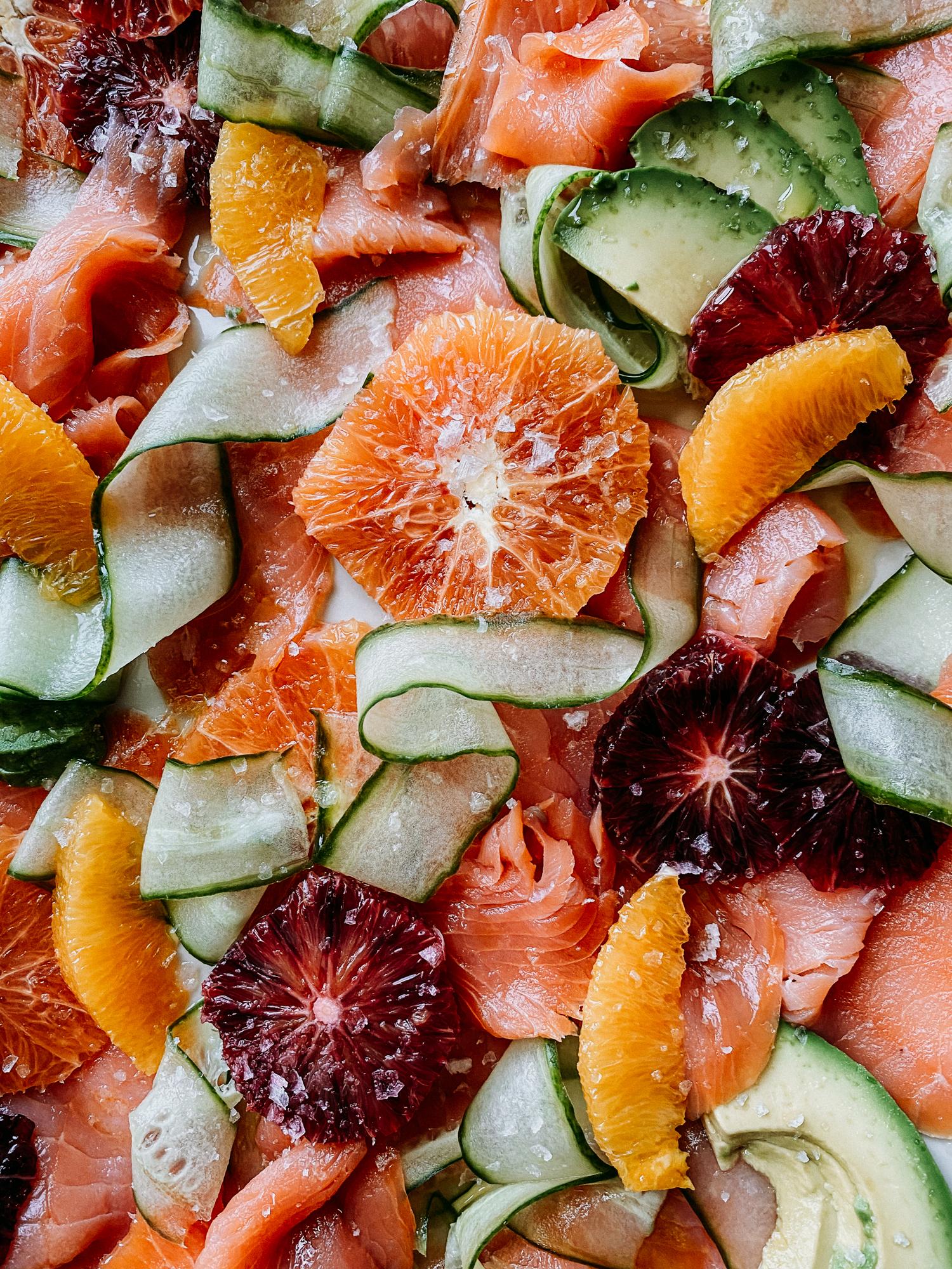 Close-up shot of Smoked Salmon and Grapefruit Salad showing the texture of the ingredients