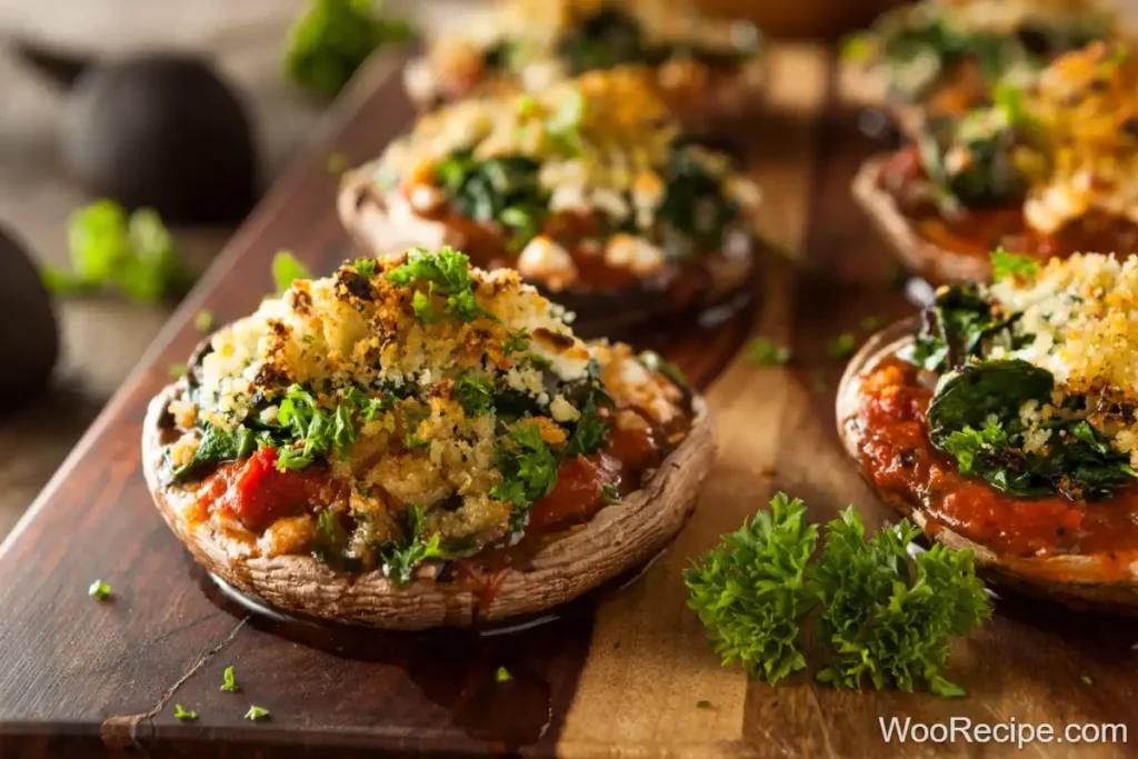 A rustic wooden table set with a plate of turkey and stuffing stuffed mushrooms, garnished with fresh parsley and parmesan cheese