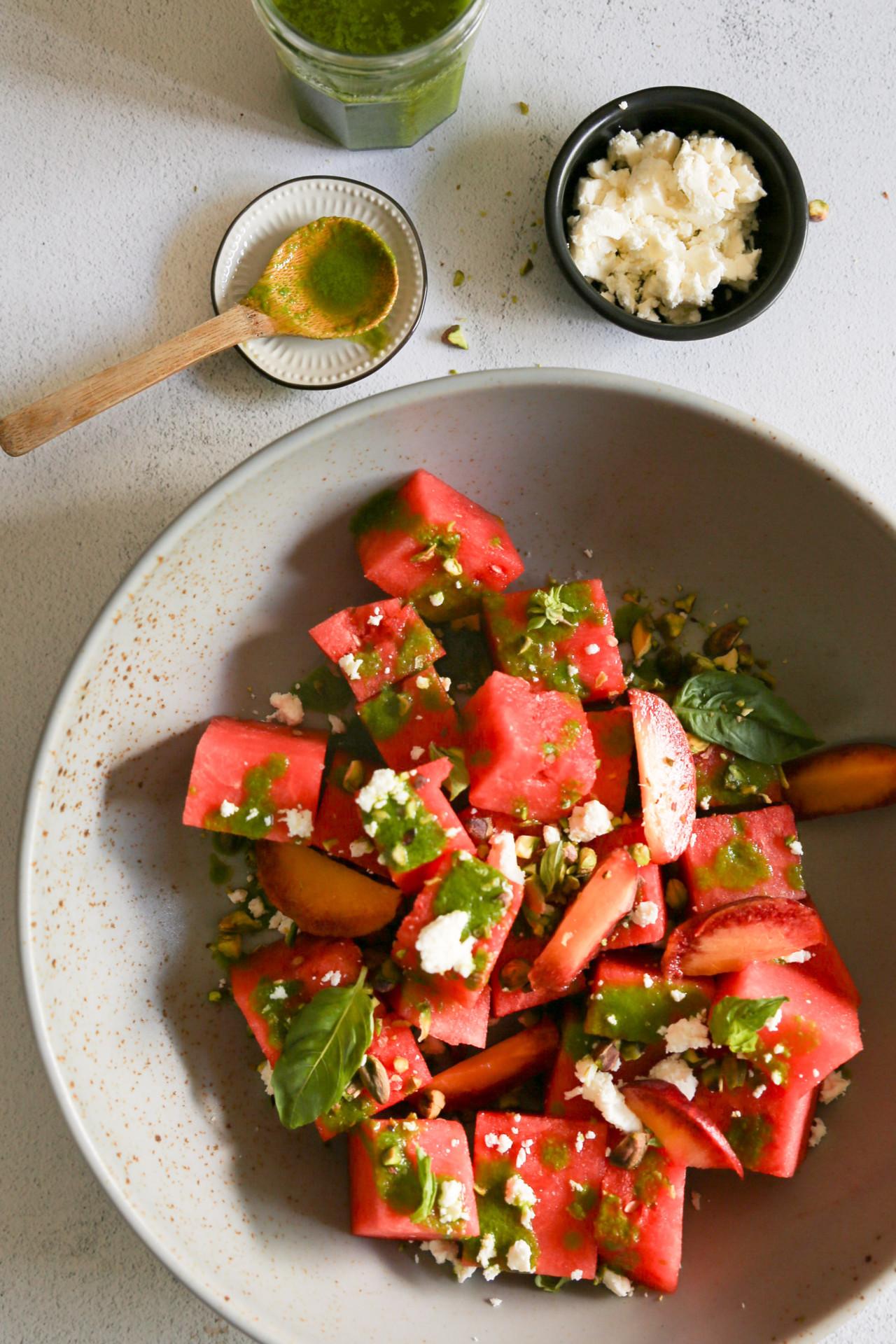 Close-up of watermelon and peach salad with raspberry vinaigrette