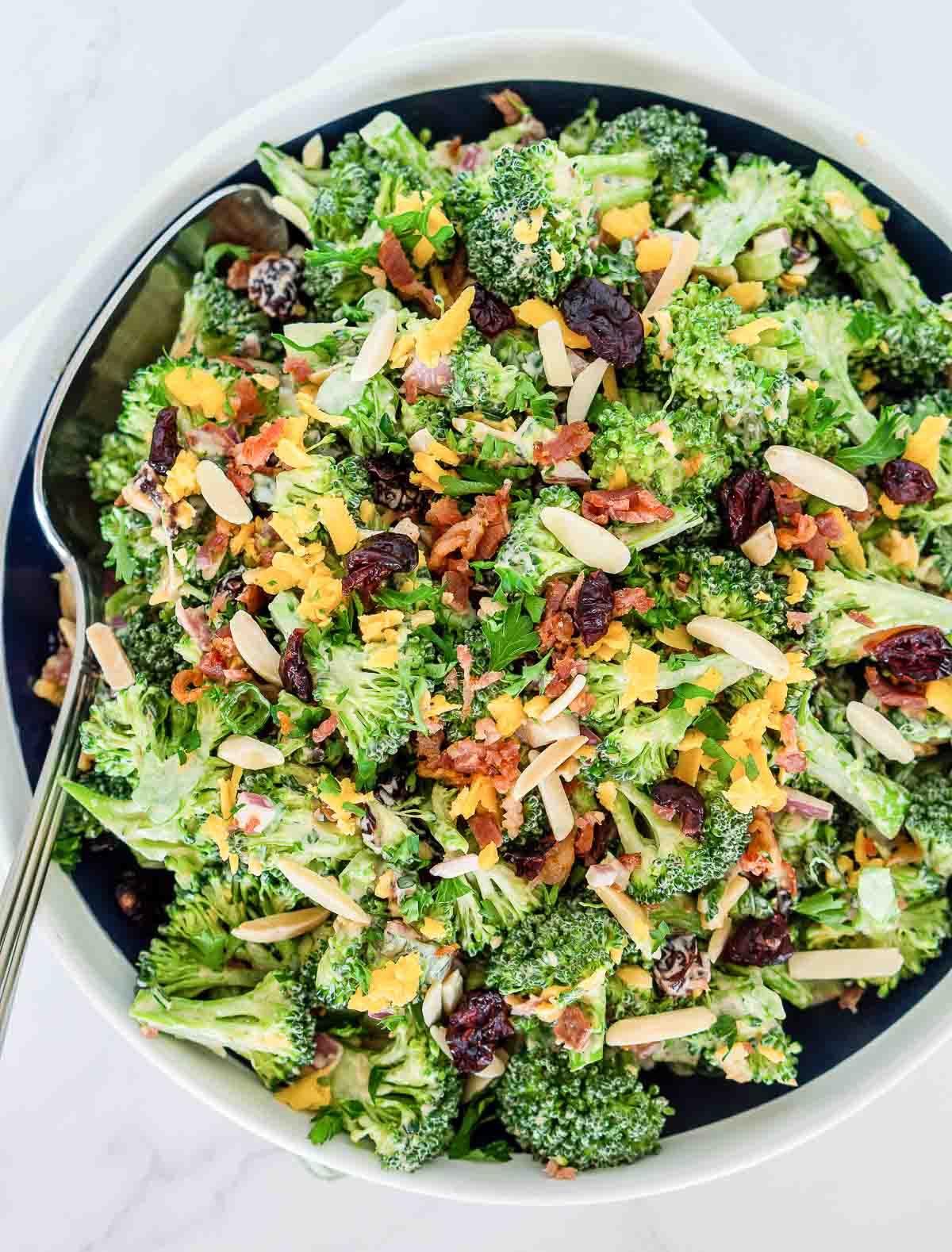 Close-up shot of a bowl of broccoli salad with bacon and cranberries, garnished with fresh herbs.