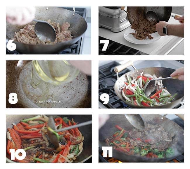 A step-by-step image showcasing the stir-fry cooking process, highlighting the sauce, beef, and vegetables.