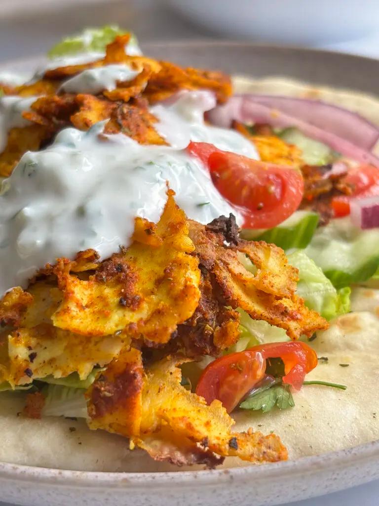 Close-up of perfectly cooked shawarma-spiced tofu steak