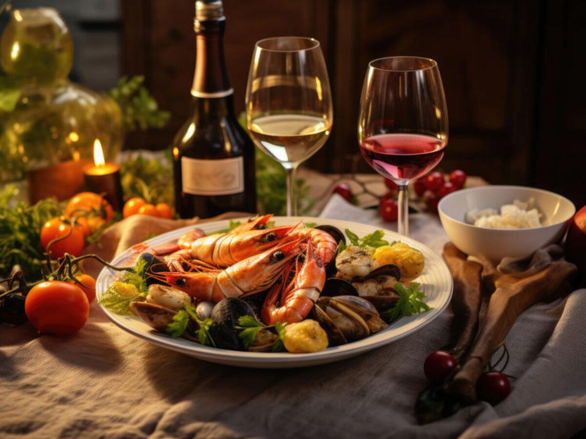 A couple enjoying a romantic dinner with beautifully presented lobster and scallop appetizers