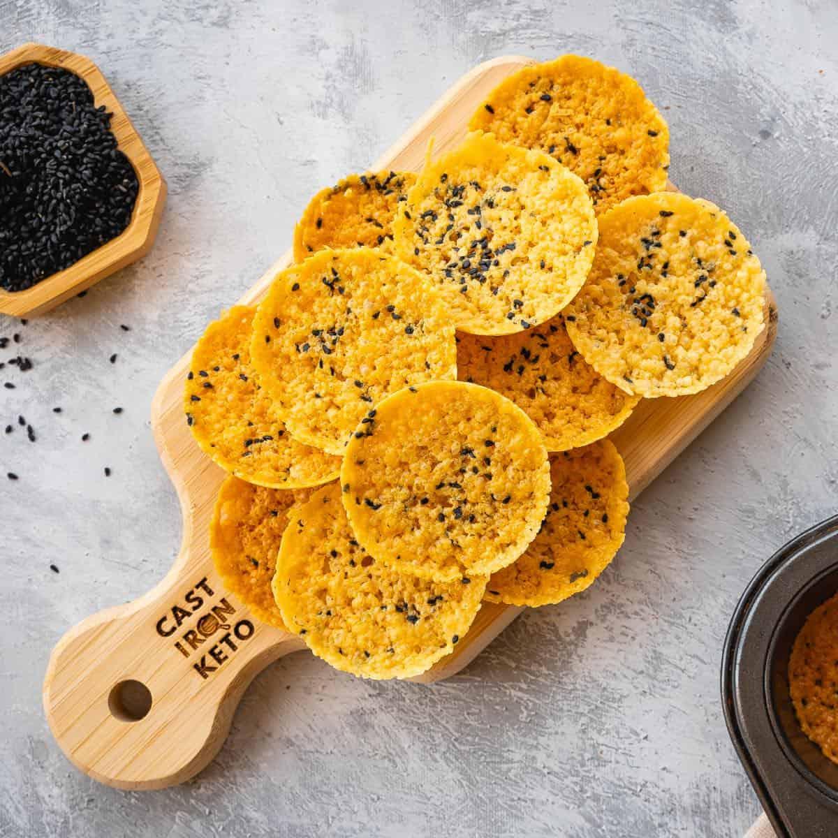 crispy keto cheese coins with black pepper