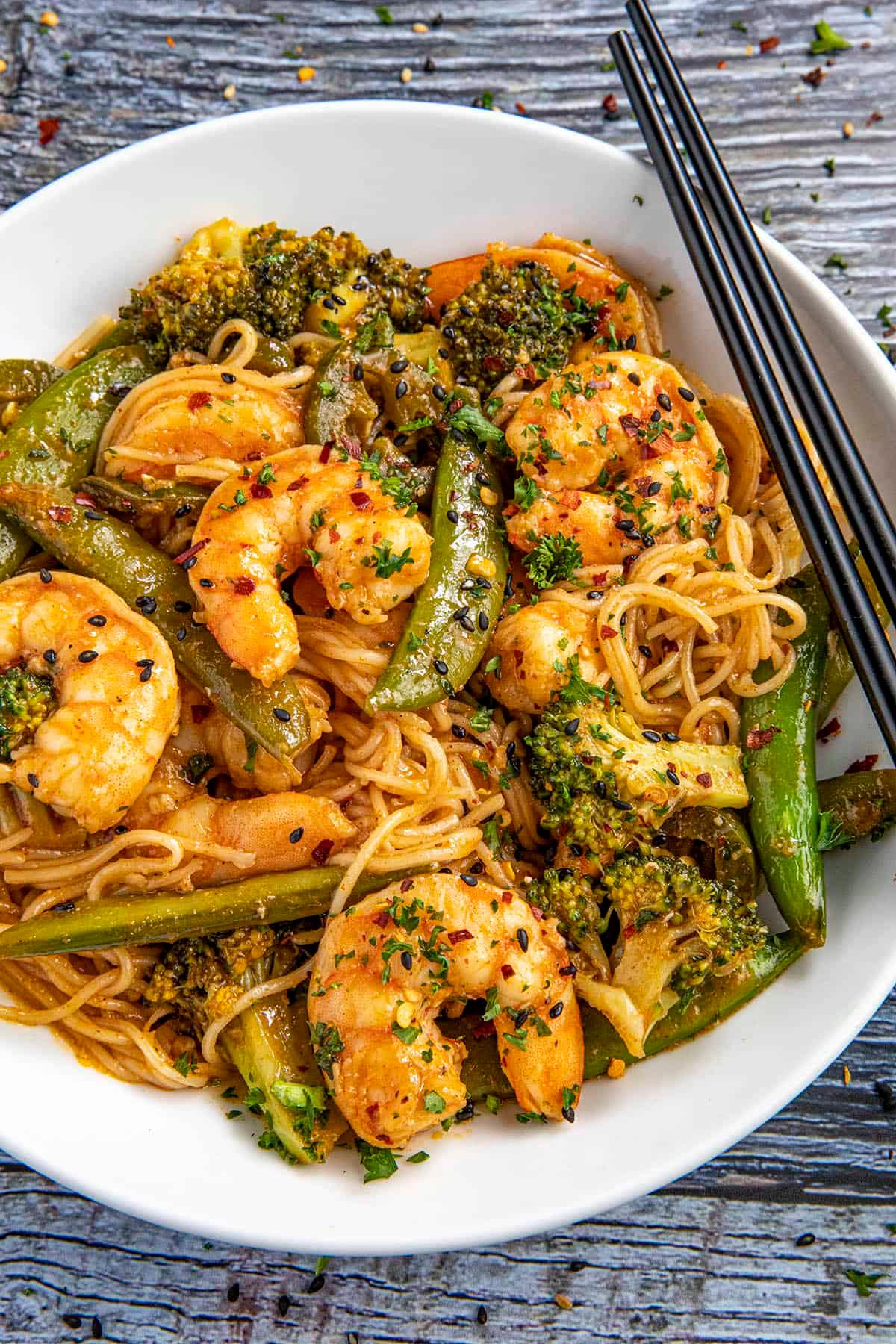chili lime shrimp stir-fry in a wok