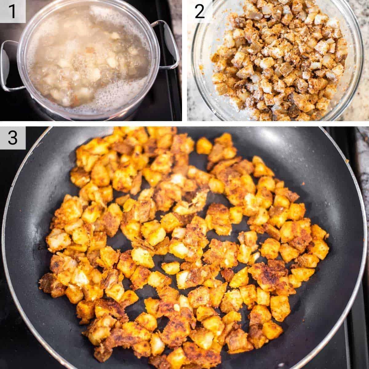 A step-by-step image showcasing the cooking process, from frying the potatoes to assembling the tacos