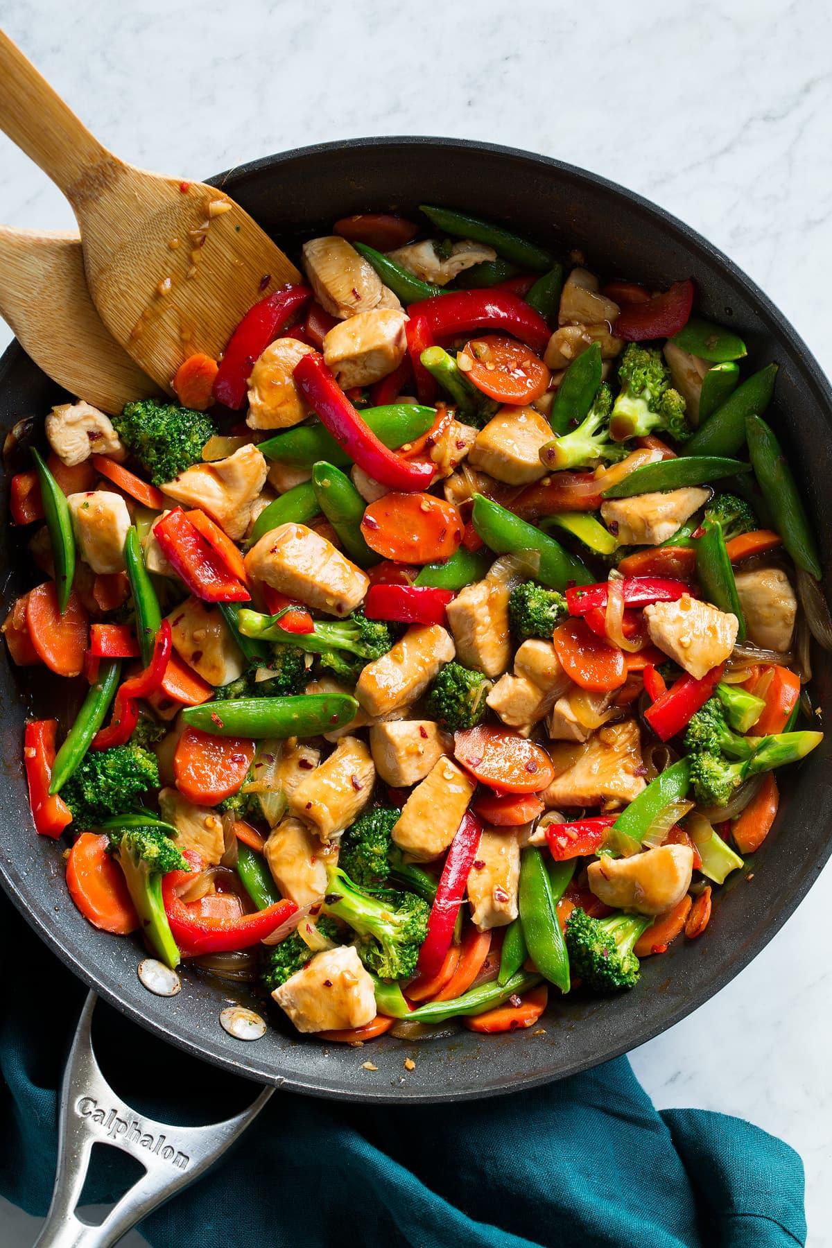 Close-up shot of a delicious chicken stir-fry with peppers and onions in a wok