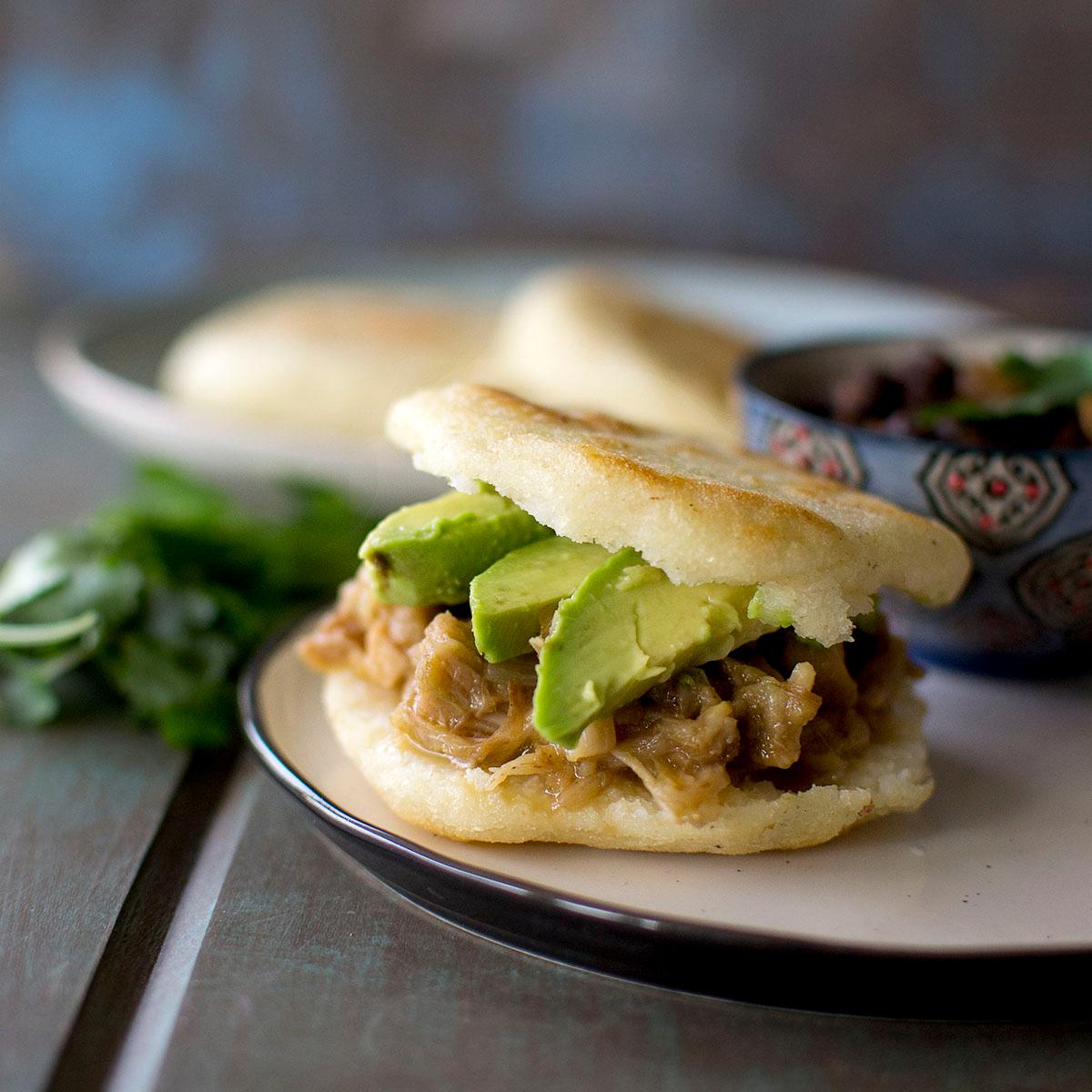 A platter of BBQ jackfruit arepas ready to be served