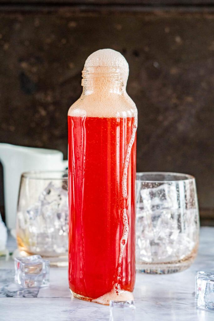 Close-up shot of a glass bottle of homemade kombucha with cranberries and vanilla bean