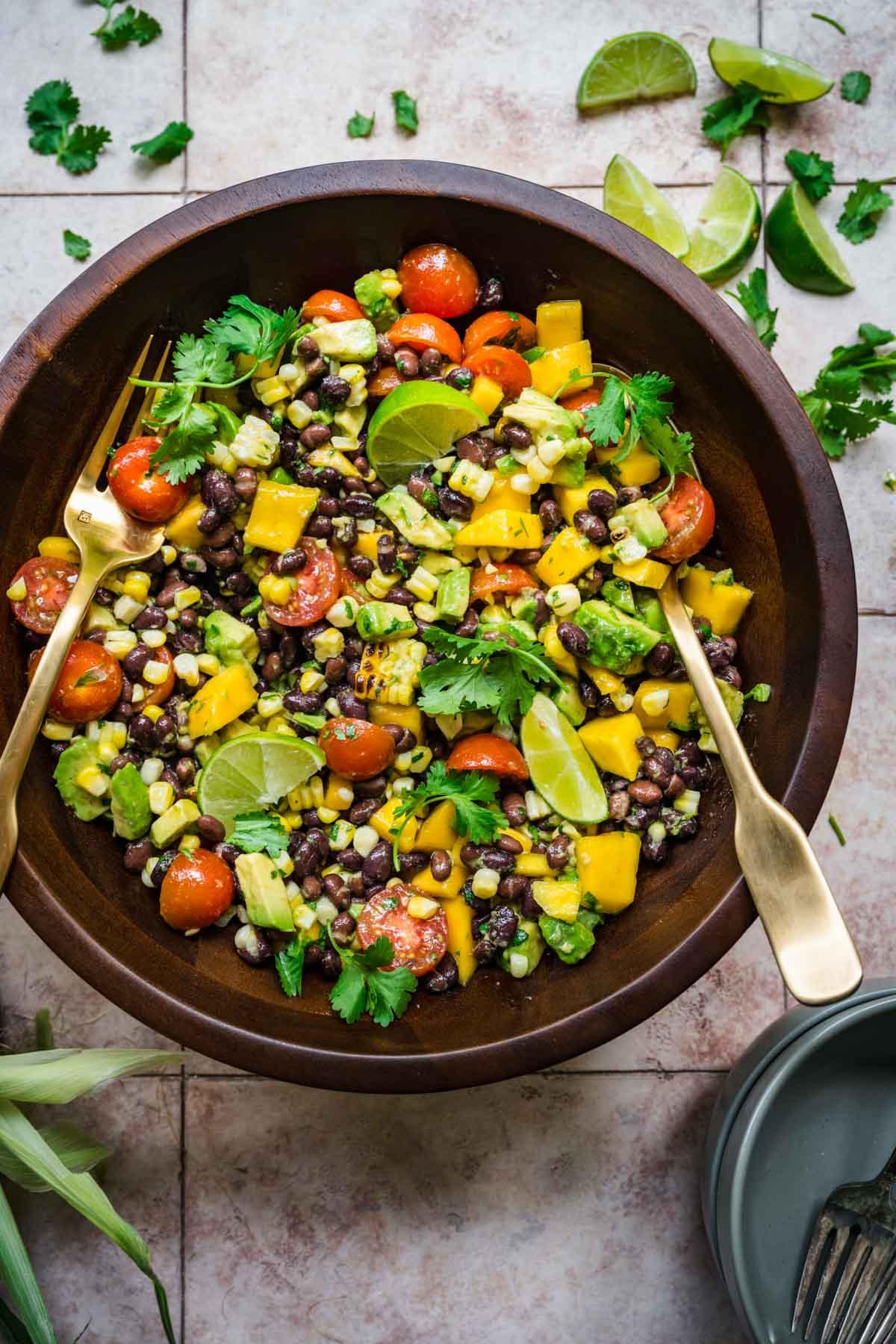 close-up shot of the salad showing the charred corn and diced mango