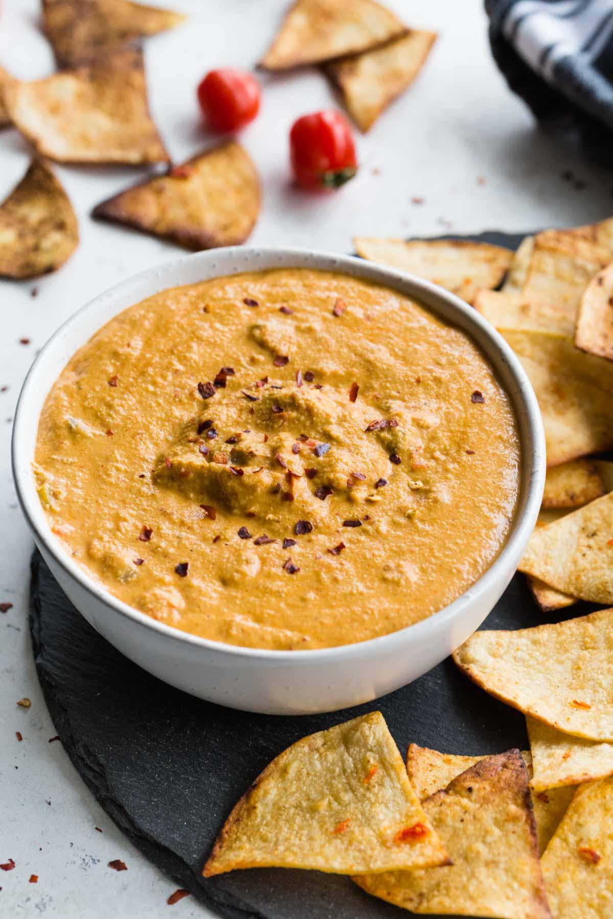 close up of a bowl of cashew queso dip