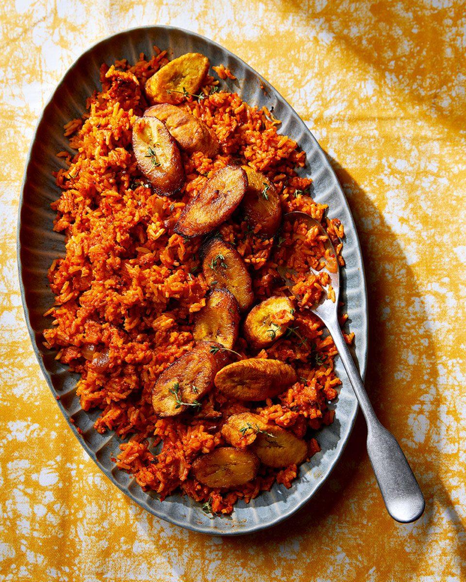 Close up of Jollof Rice with Smoked Paprika and Chorizo, showing the texture and color
