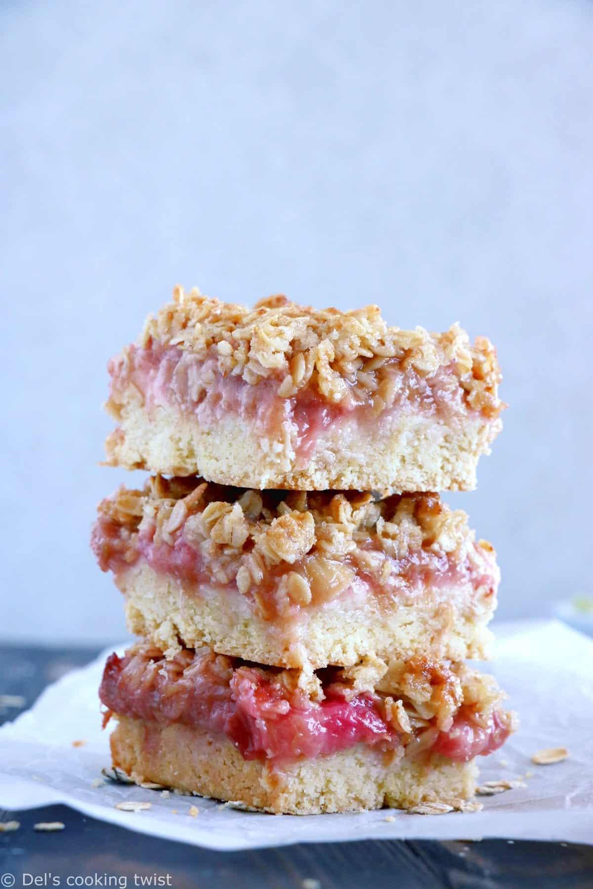 Close up of the rhubarb and lemon crumble, showing the texture of the crumble topping and the juicy rhubarb filling.