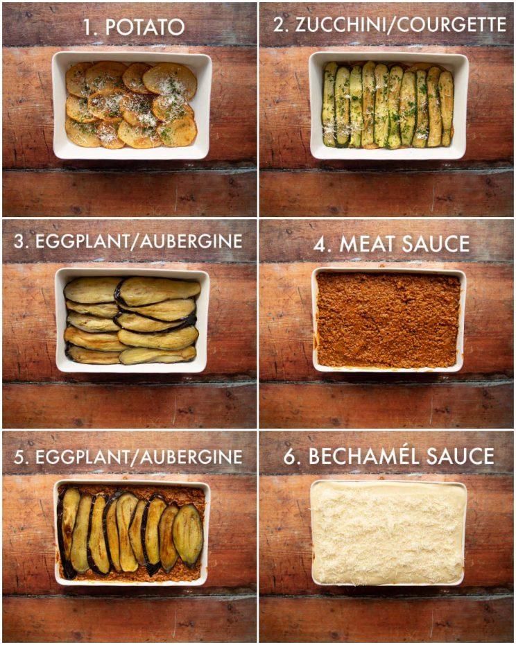 A step-by-step image showing the layering process of the Shepherd's Moussaka