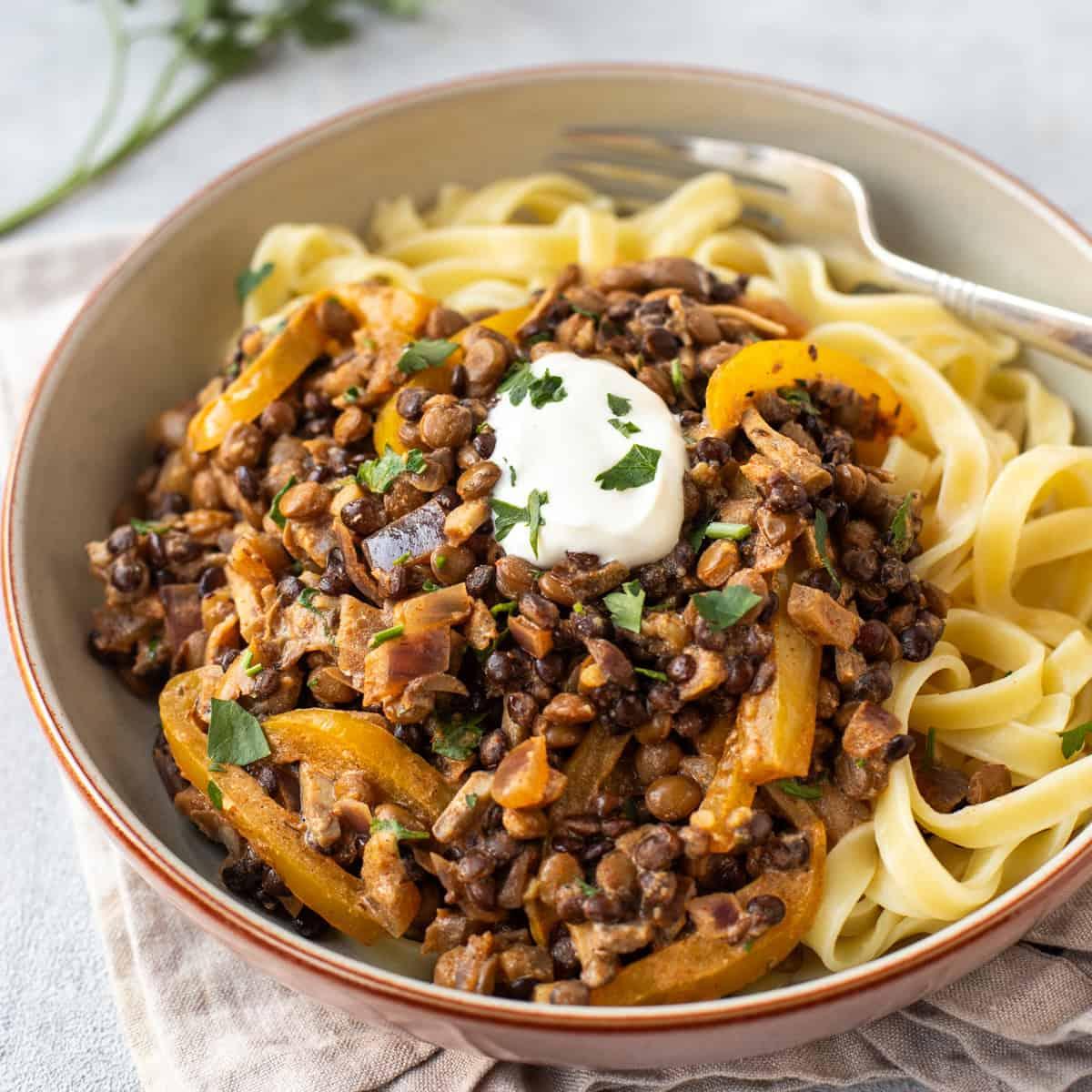 lentil and mushroom stroganoff plated with fresh parsley