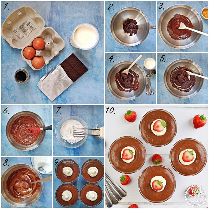 A step-by-step image collage showing the process of making the chocolate mousse fondue.