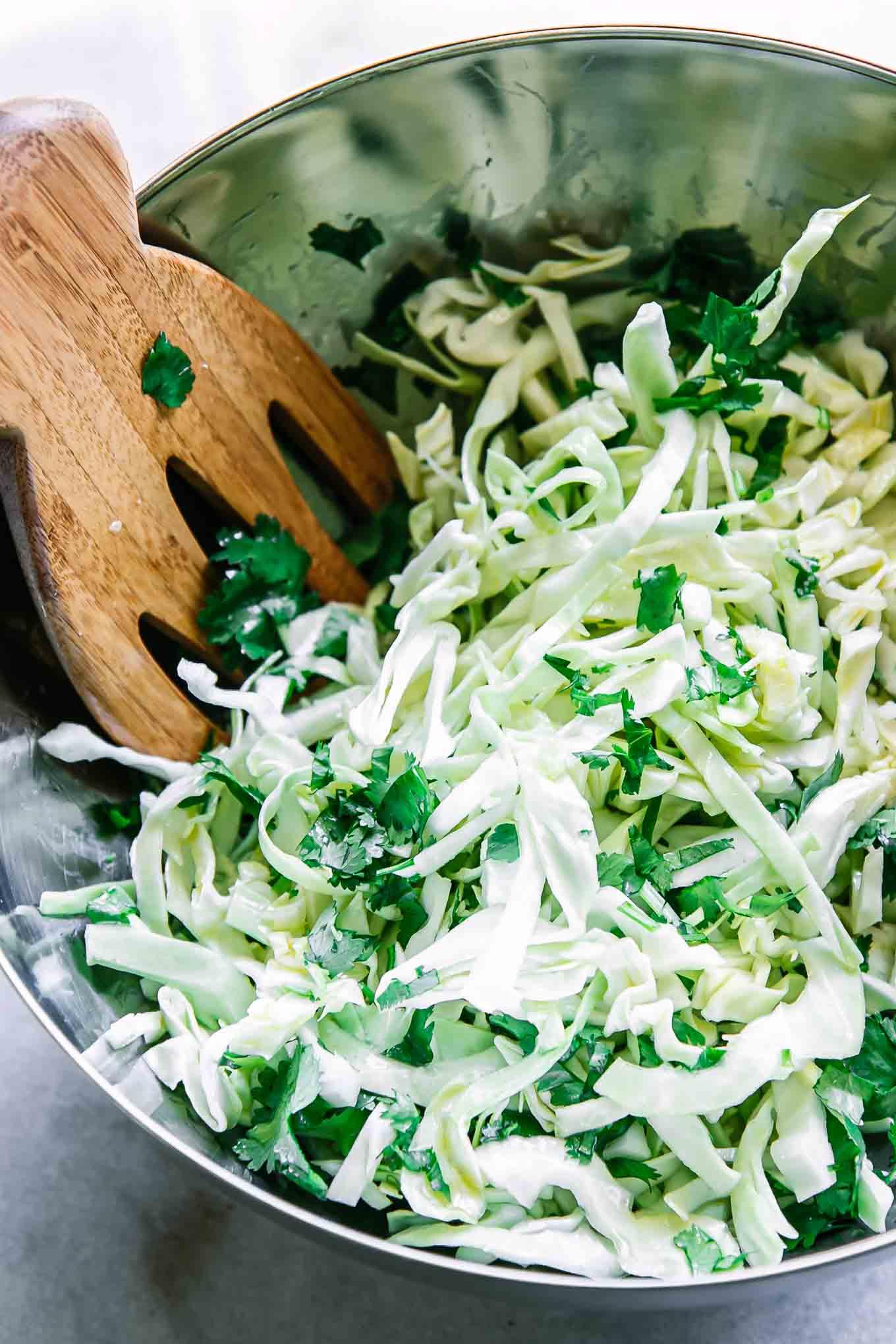 close-up of ingredients for lime cabbage slaw