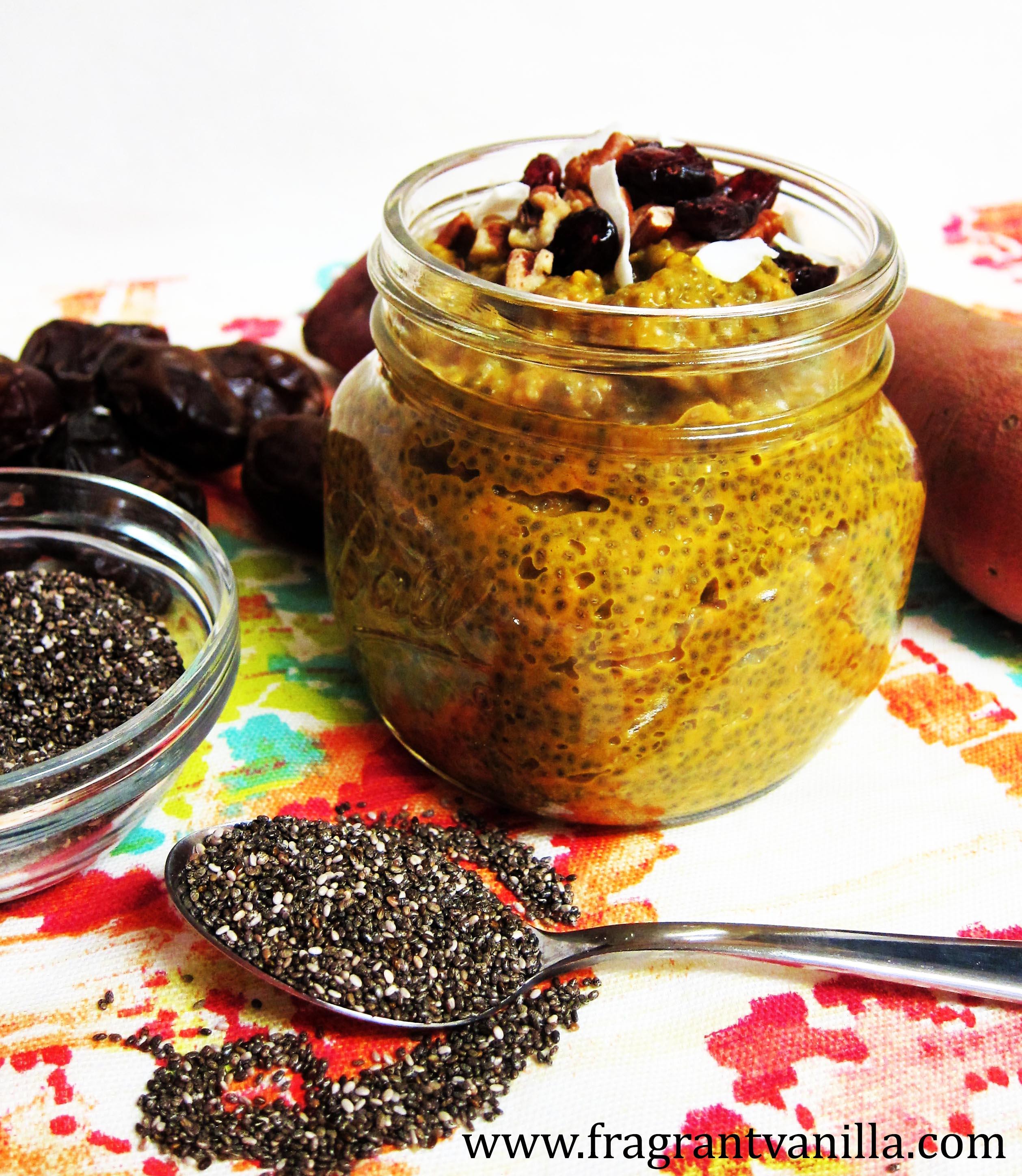 Sweet potato pie chia pudding with various toppings like pecans, cinnamon and coconut cream