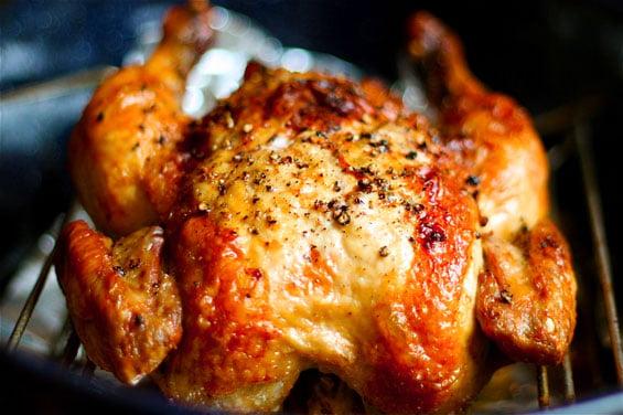 A whole roasted chicken with crispy skin
