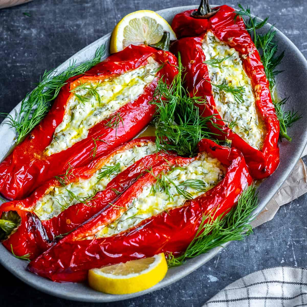 stuffed bell peppers with paprika and feta cheese filling, close-up