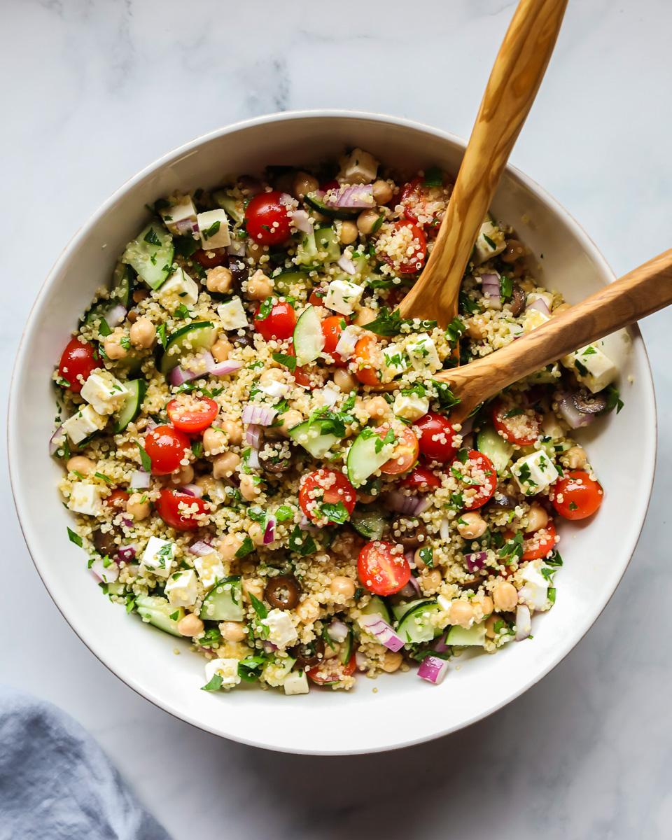 A person happily enjoying a serving of Paprika's Mediterranean Quinoa Salad outdoors, in a sunny and idyllic setting.