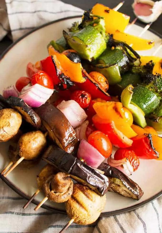 rainbow veggie skewers being grilled to perfection