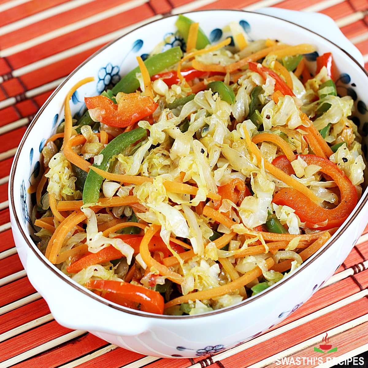 A vibrant photo showing the finished cabbage stir-fry dish with rice, showcasing the color and texture of the ingredients