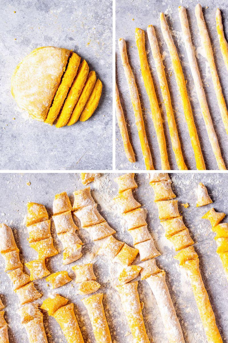 step-by-step photos showing how to make pumpkin gnocchi, including rolling the dough and cutting the gnocchi