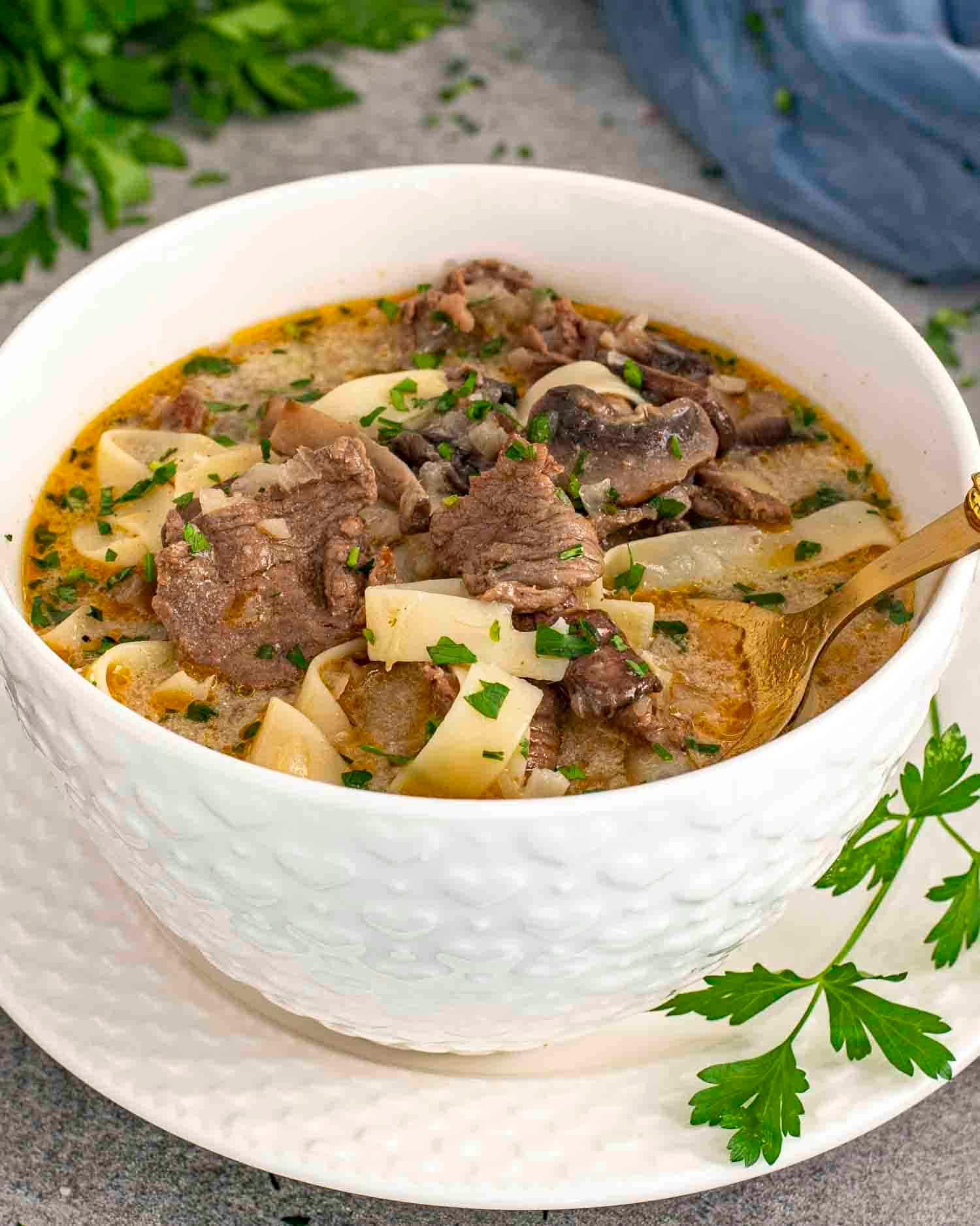 A close-up shot of a creamy Beef Stroganoff served in a bowl with fresh parsley garnish