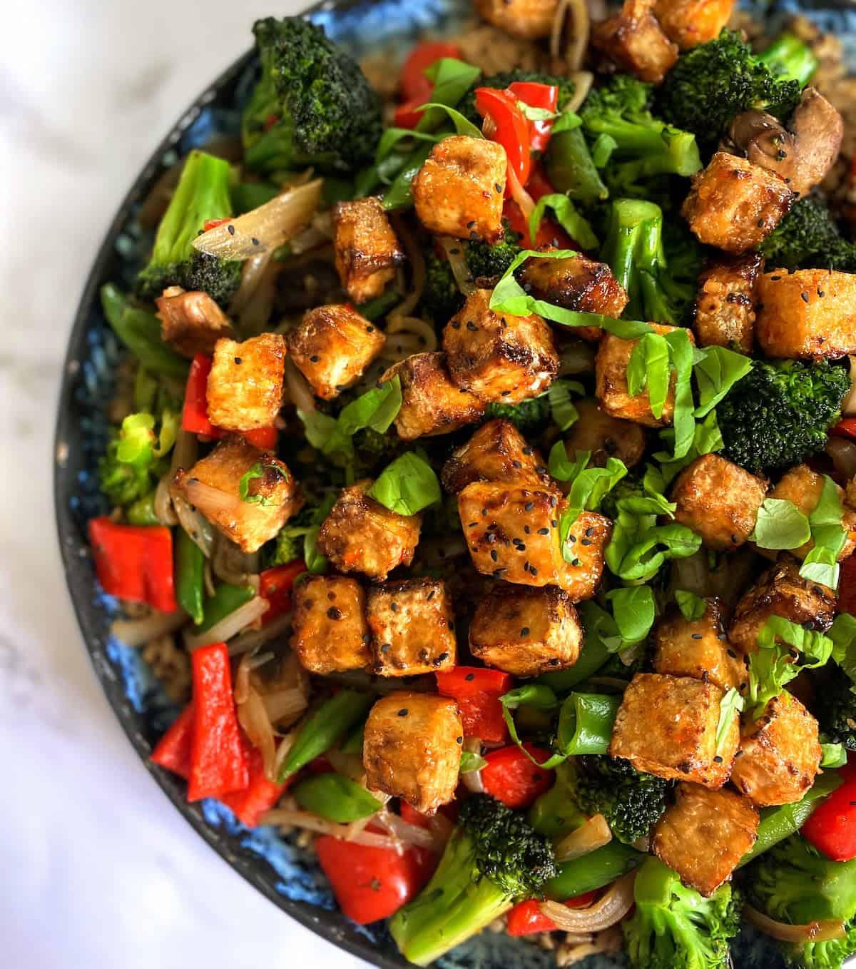 vibrant stir-fry of broccoli and tofu in a wok