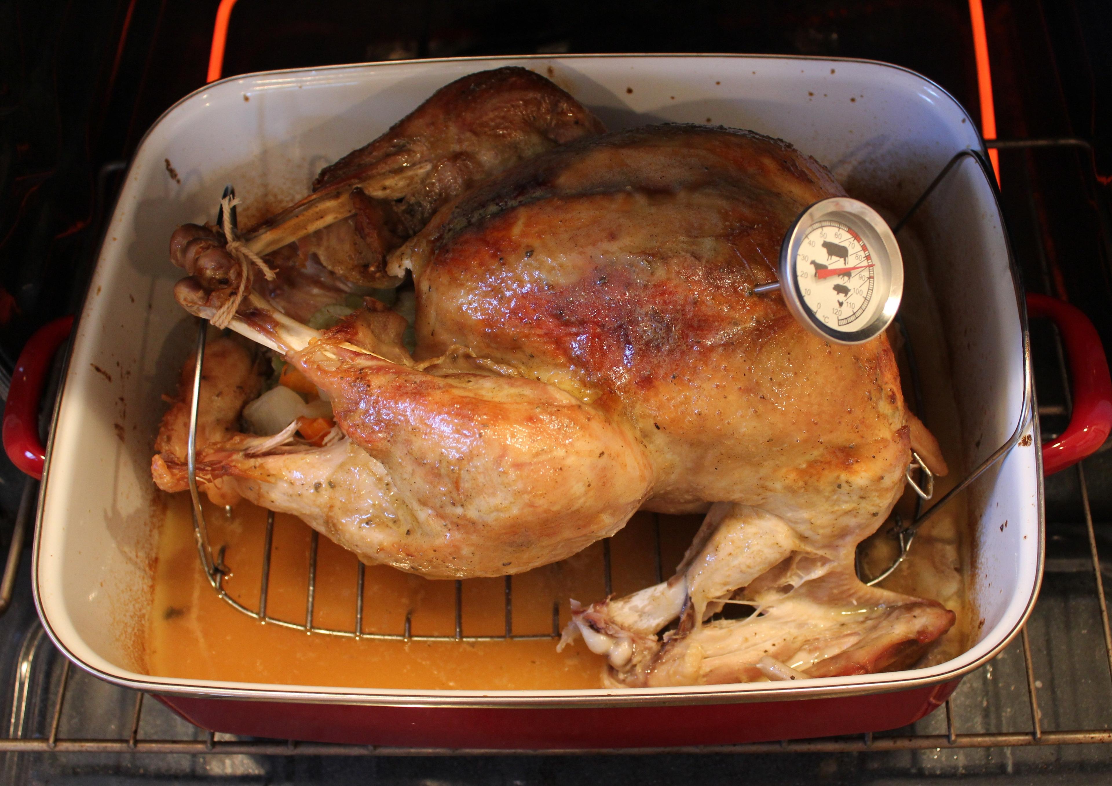 close-up of a maple mustard glazed turkey in a roasting pan