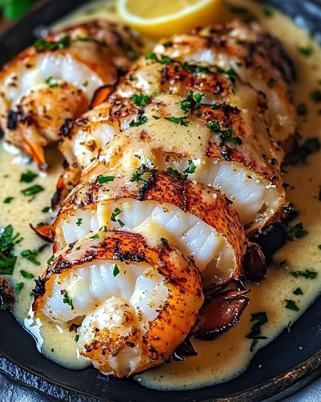 A beautifully arranged plate of Garlic Butter Lobster with Asparagus