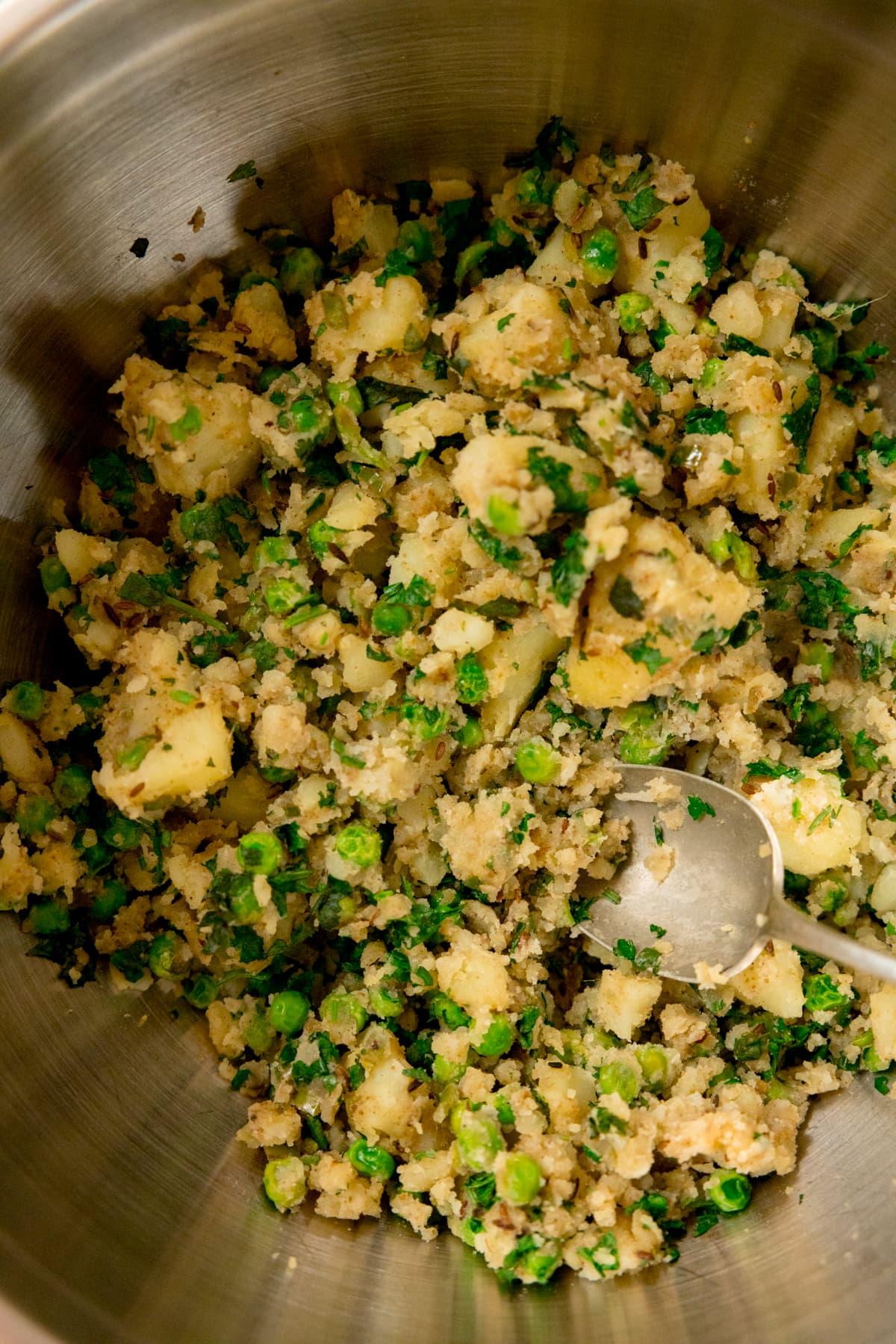 Close-up shot of the spiced vegetable filling for the samosas