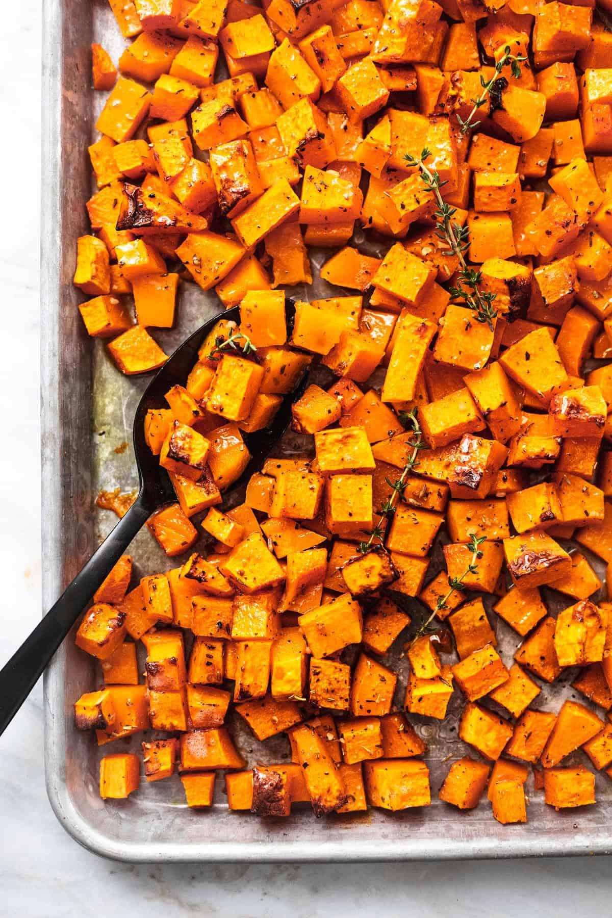 Butternut squash being roasted in the oven