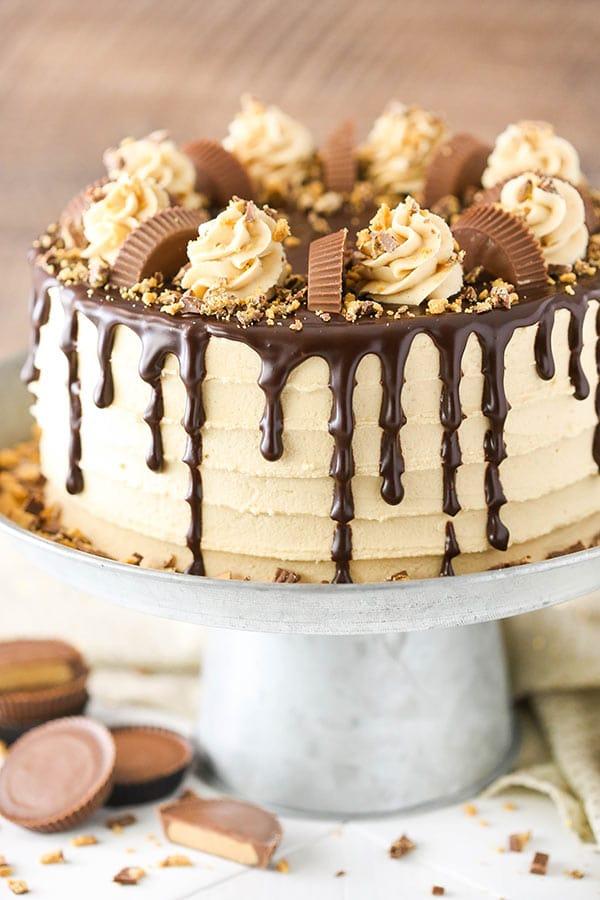 A decadent peanut butter cup birthday cake, frosted and decorated with peanut butter cups