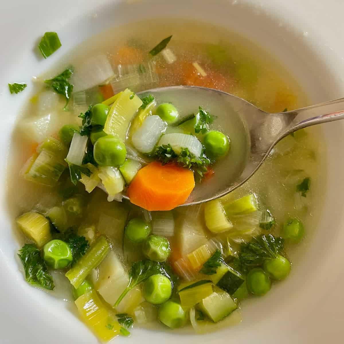 a bowl of vegetable broth with fresh herbs garnish