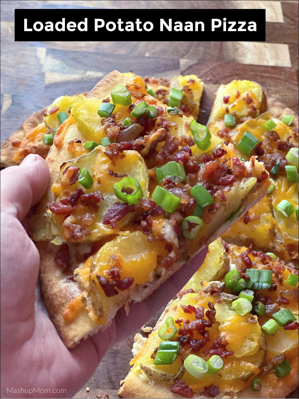 Close up shot of a slice of Potato and Pea Curry Pizza with Naan Crumbles, showing the texture and vibrant colors.
