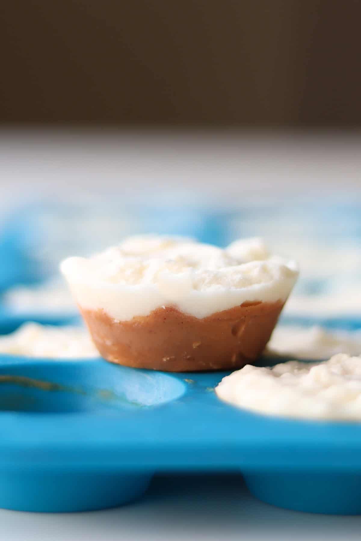 A close up of a finished peanut butter banana bite