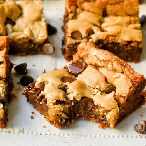 gooey chocolate chip blondies in a baking pan