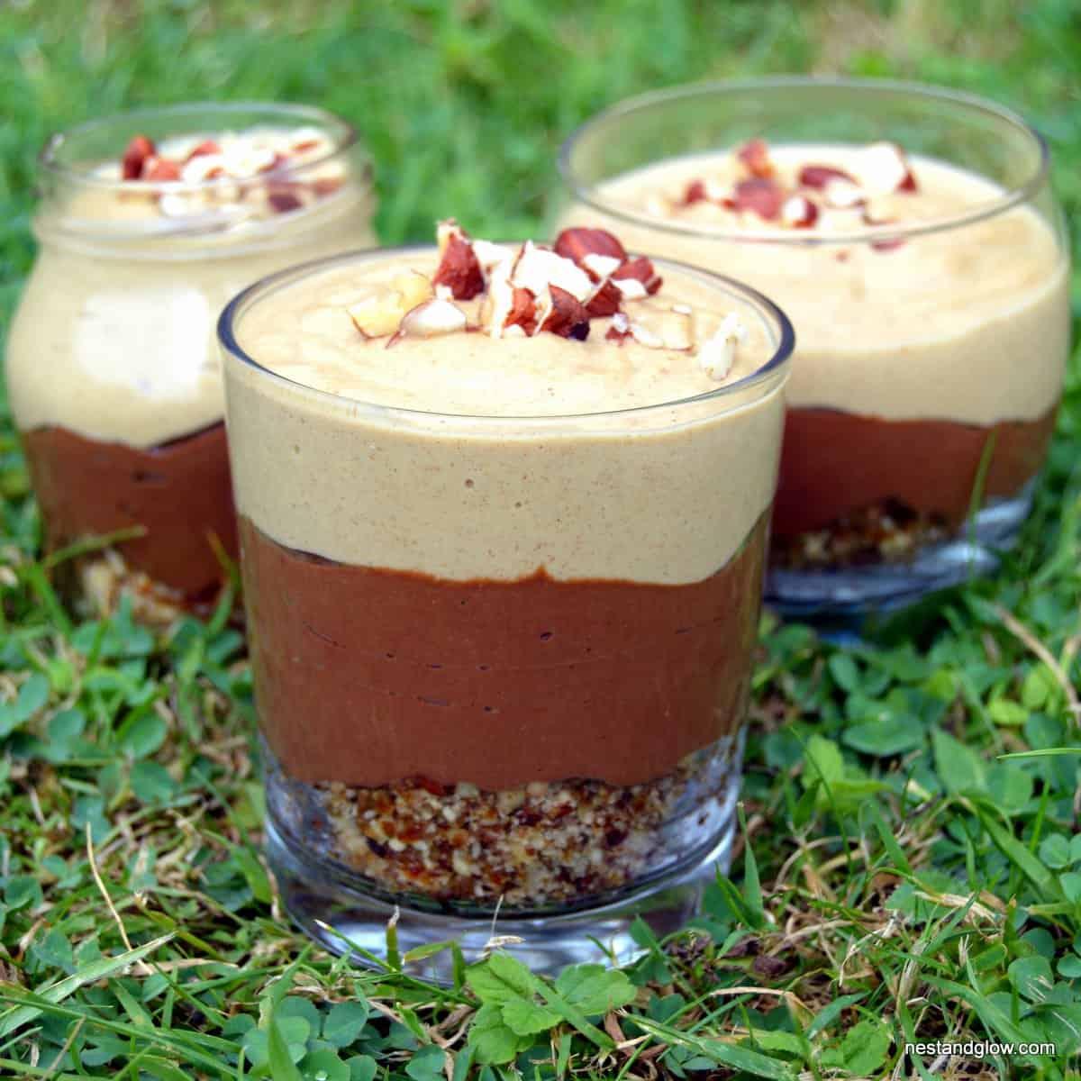 Close-up shot of decadent chocolate avocado mousse with a drizzle of salted caramel