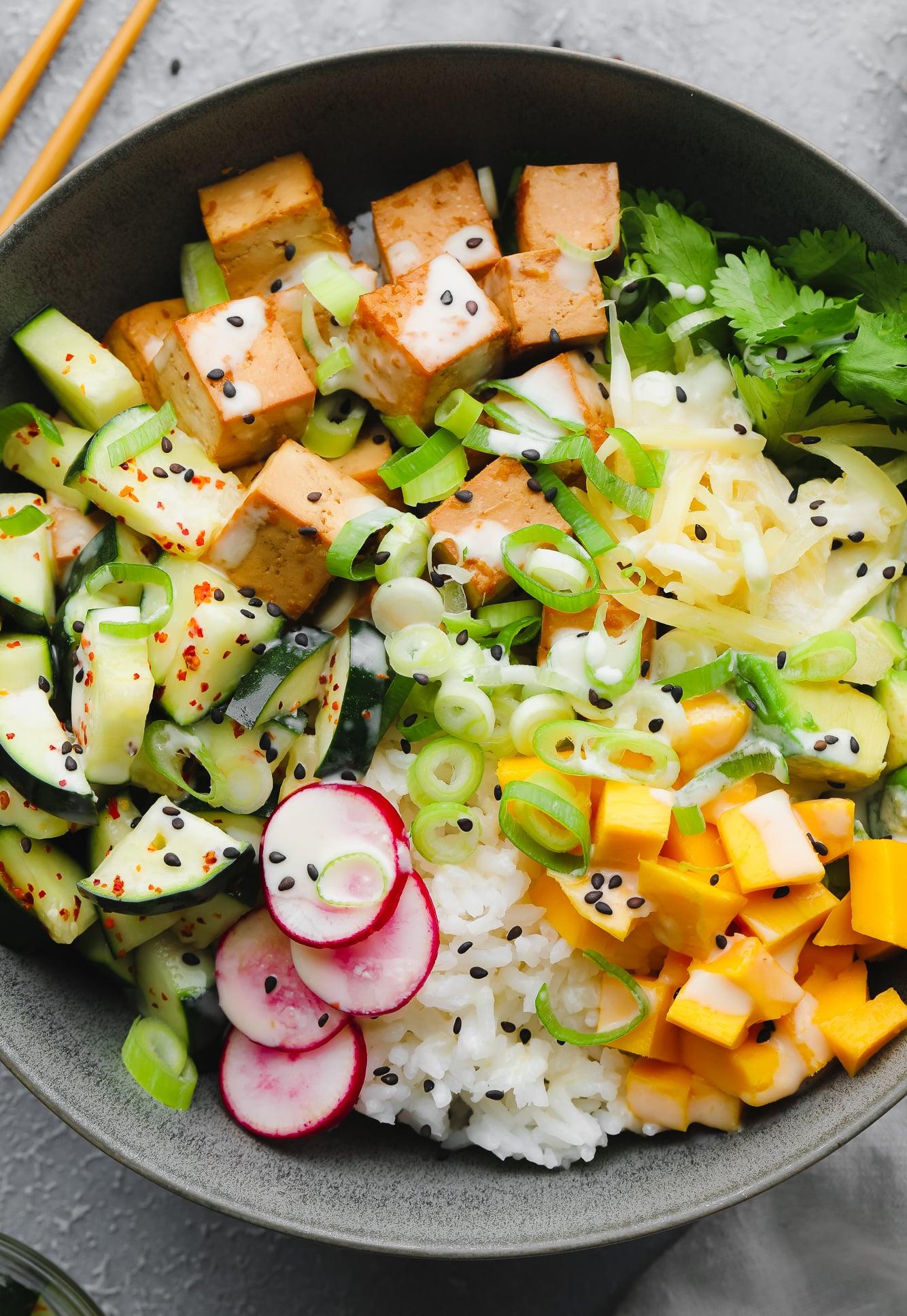 Close-up of a delicious poke bowl
