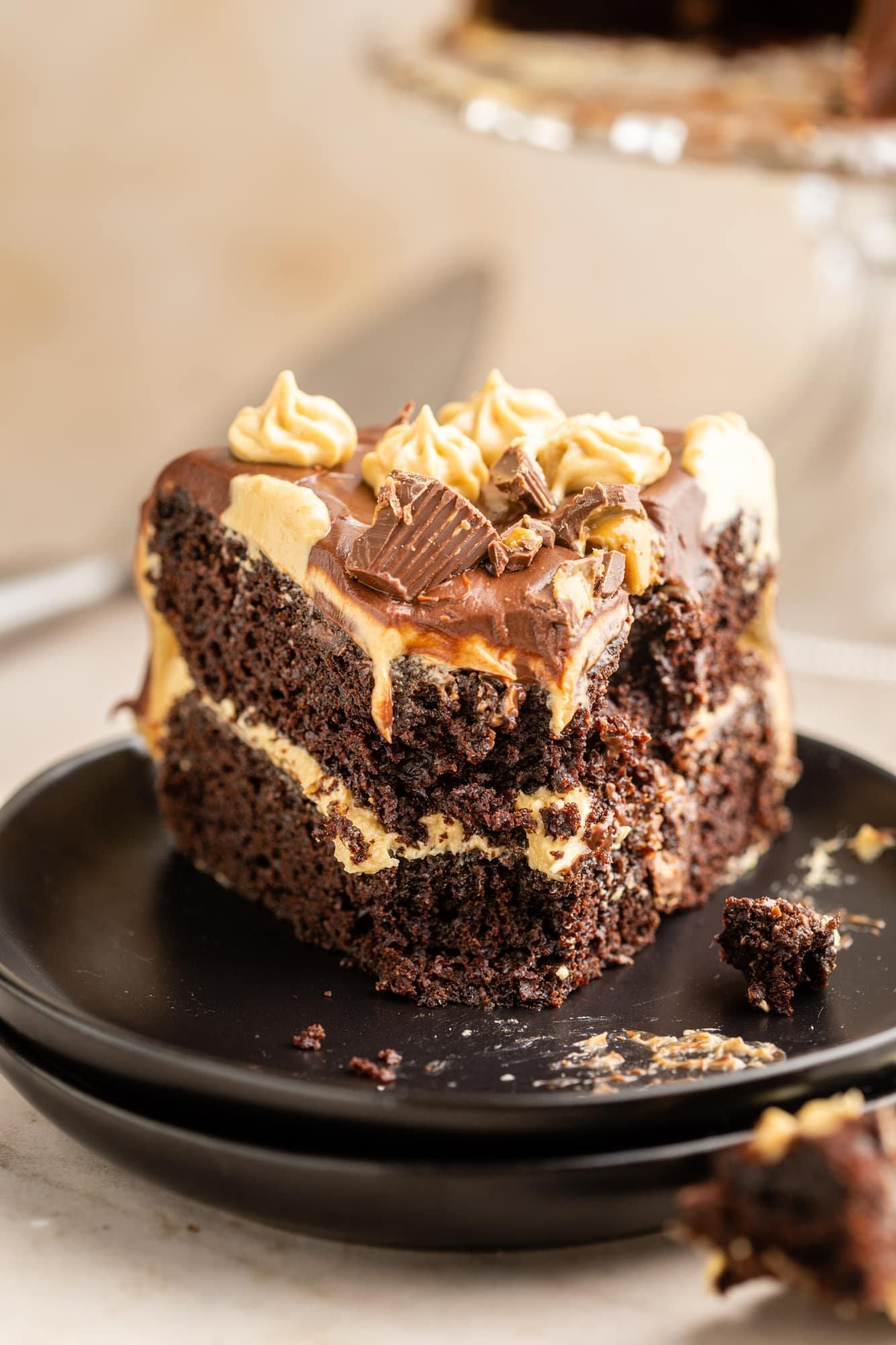 A close-up shot of a slice of the peanut butter cup cake showing the texture and layers